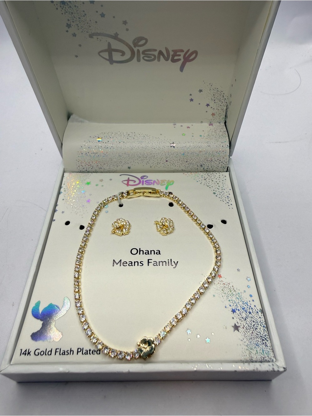 Disney Gold Crystal Ohana bracelet and Stud Earrings Set